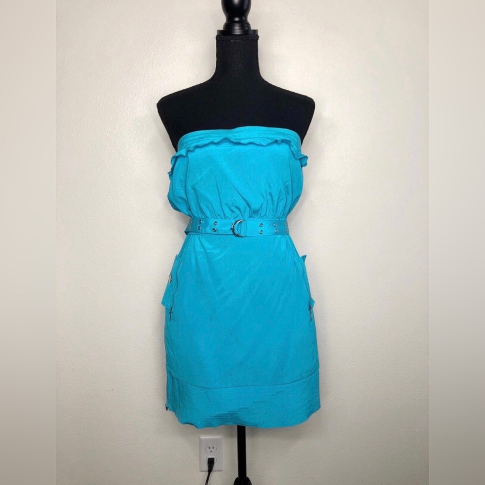 Bebe Turquoise Silk Strapless Utility Style Mini Dress Size Medium